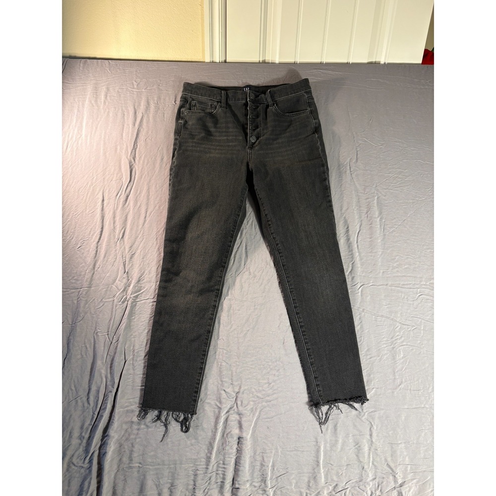 Gap Denim True Skinny Jeans Black High Rise Button Fly Raw Hem Size 30/10